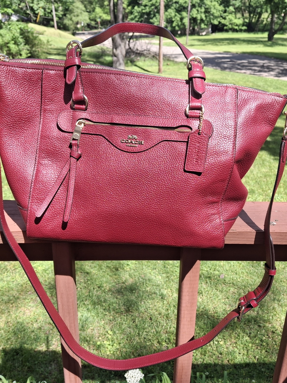 Coach Pebbled Leather Kleo Carryall Tote in Burgundy Red with Gold Hardware